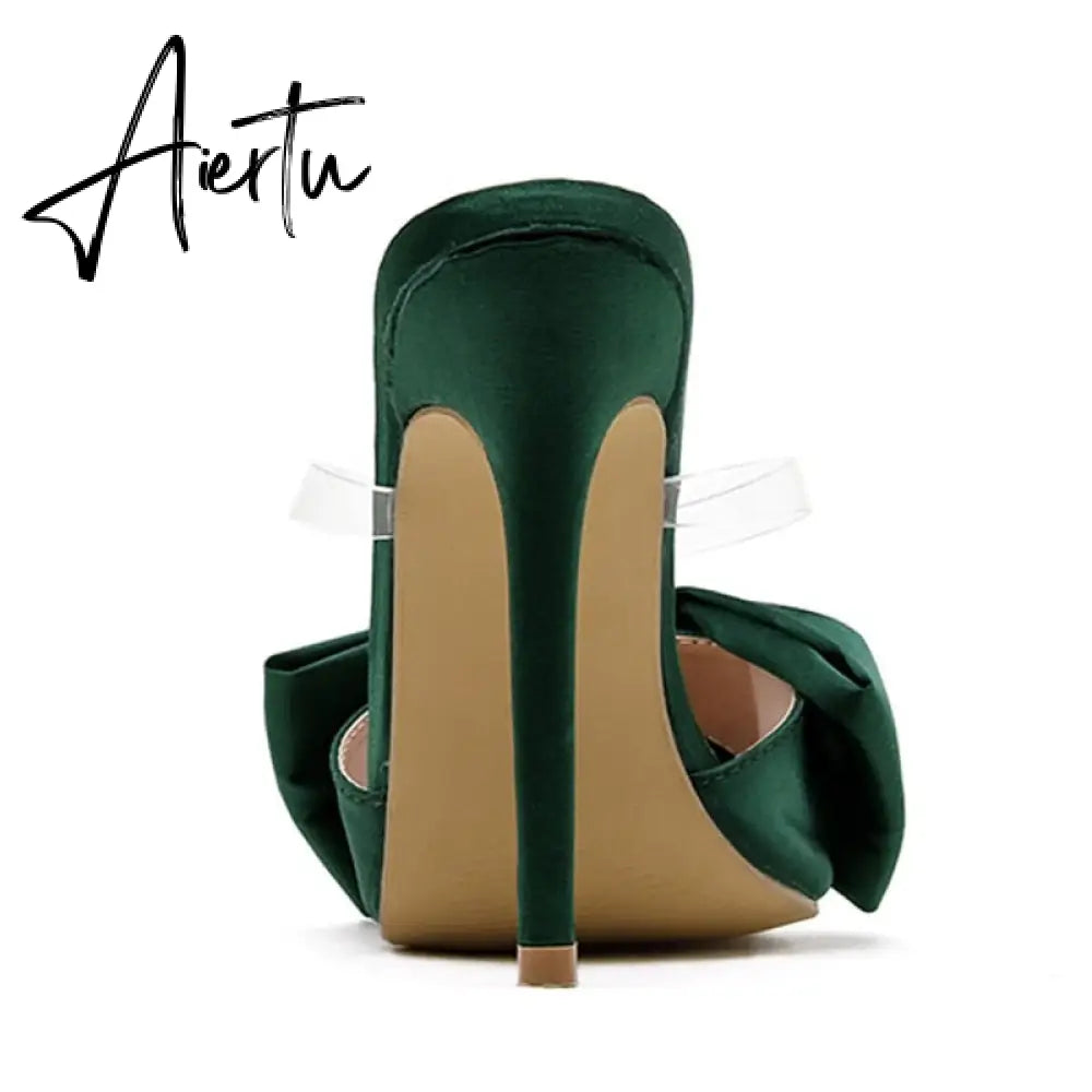 Aiertu  2022 Silk Butterfly-knot Women slippers Mule high heels Slippers Sandals flip flops Pointed toe Strappy Slides Party shoes Aiertu