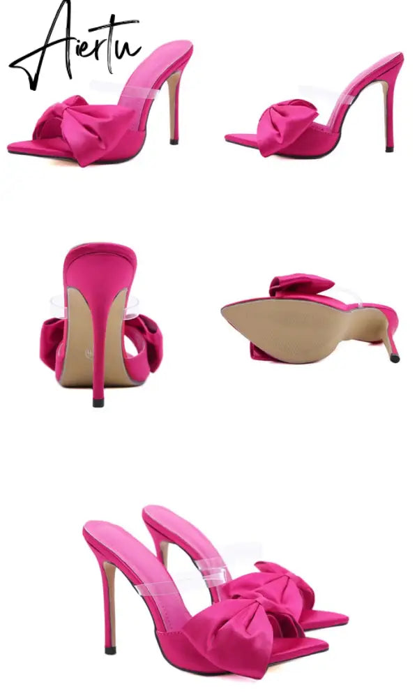 Aiertu  2022 Silk Butterfly-knot Women slippers Mule high heels Slippers Sandals flip flops Pointed toe Strappy Slides Party shoes Aiertu
