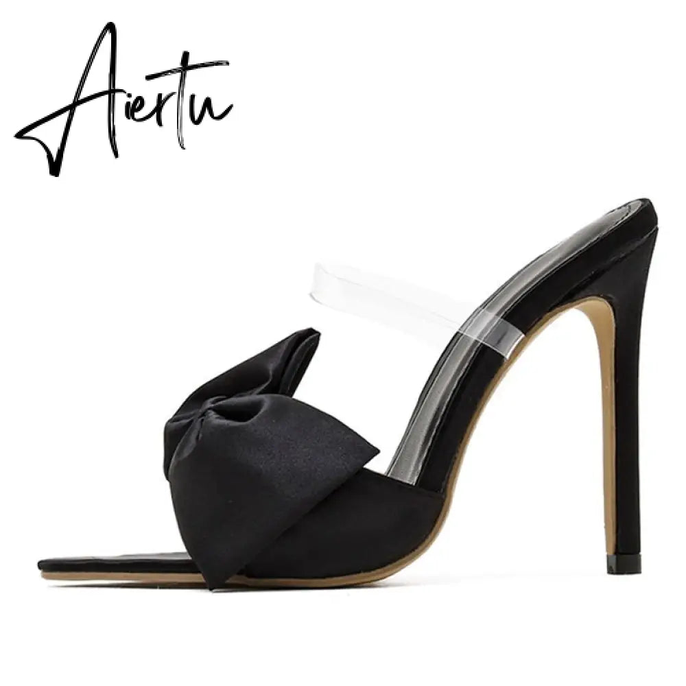 Aiertu  2022 Silk Butterfly-knot Women slippers Mule high heels Slippers Sandals flip flops Pointed toe Strappy Slides Party shoes Aiertu