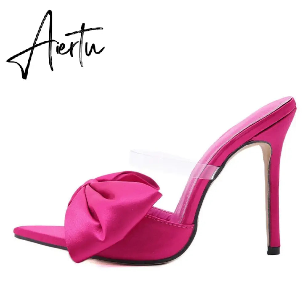 Aiertu  2022 Silk Butterfly-knot Women slippers Mule high heels Slippers Sandals flip flops Pointed toe Strappy Slides Party shoes Aiertu