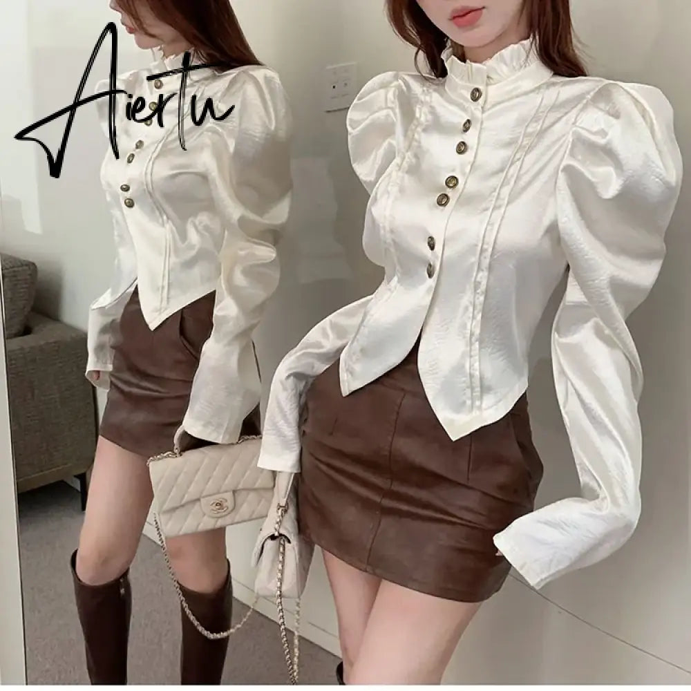 Aiertu 2024 Early Spring Fungus Edge Korean Shirts Autumn Bubble Sleeve Sweet Shirts For Woman Slim Bottoming Shirt Chic Crop Tops Lady Aiertu