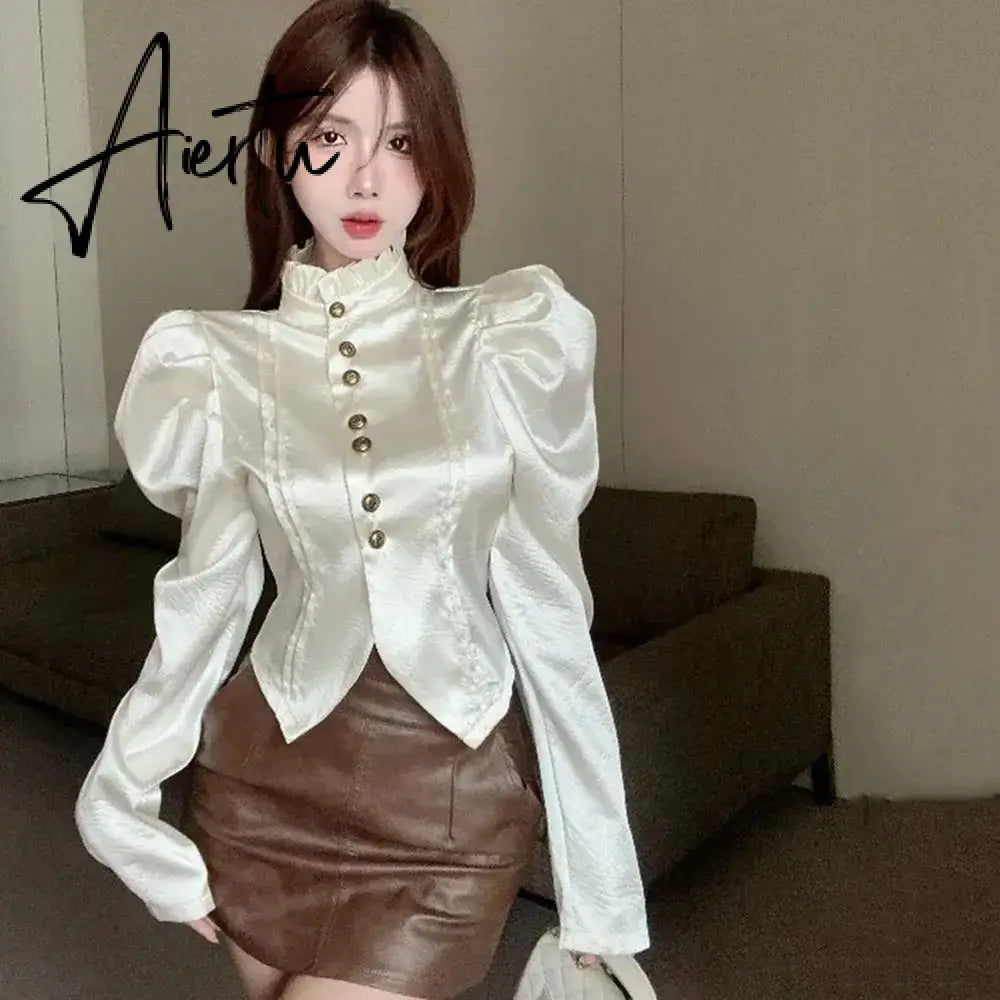 Aiertu 2024 Early Spring Fungus Edge Korean Shirts Autumn Bubble Sleeve Sweet Shirts For Woman Slim Bottoming Shirt Chic Crop Tops Lady Aiertu