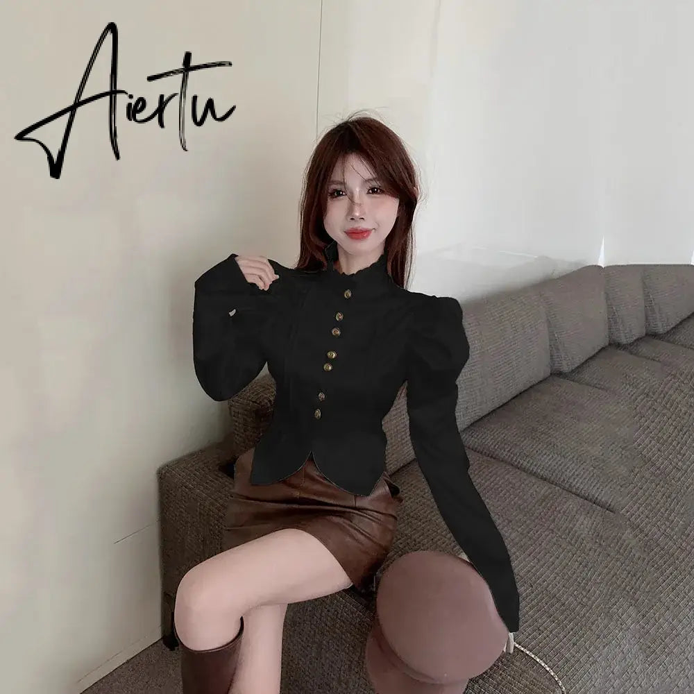 Aiertu 2024 Early Spring Fungus Edge Korean Shirts Autumn Bubble Sleeve Sweet Shirts For Woman Slim Bottoming Shirt Chic Crop Tops Lady Aiertu
