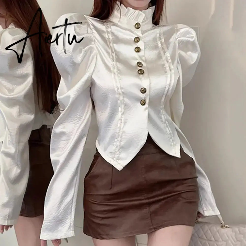 Aiertu 2024 Early Spring Fungus Edge Korean Shirts Autumn Bubble Sleeve Sweet Shirts For Woman Slim Bottoming Shirt Chic Crop Tops Lady Aiertu