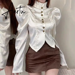 Aiertu 2024 Early Spring Fungus Edge Korean Shirts Autumn Bubble Sleeve Sweet Shirts For Woman Slim Bottoming Shirt Chic Crop Tops Lady Aiertu