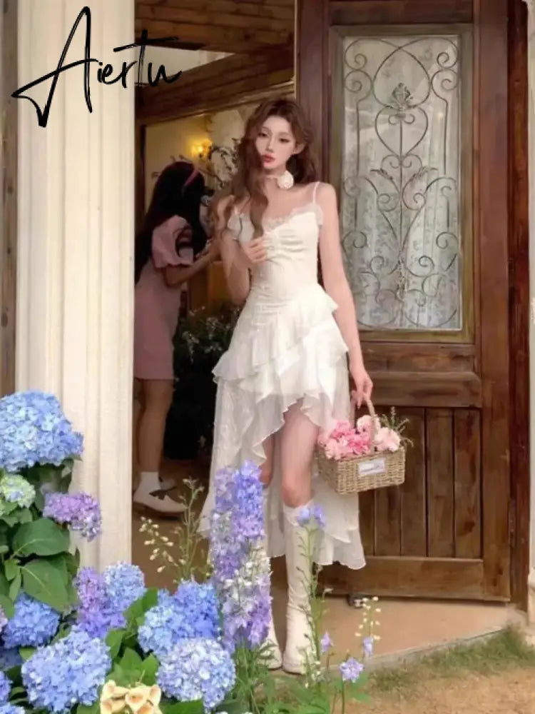 Aiertu 2024 Fairy Elegant Short Party Dresses Woman Beach Sleeveless Irregular Dresses Korea Fashion Aesthetics Casual One Piece Dress Aiertu