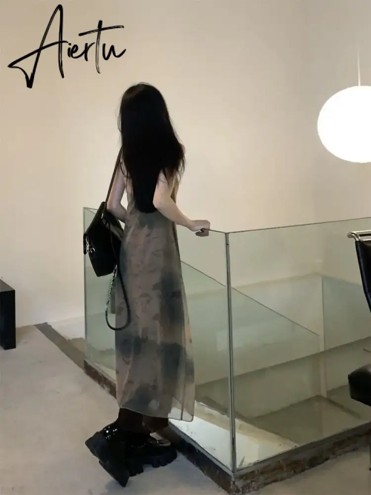 Aiertu 2024 Grunge Print Mesh Dress Women Sexy Y2k Aesthetic Spaghetti Strap Maxi Dresses Streetwear 2 Piece Set Robe Aiertu