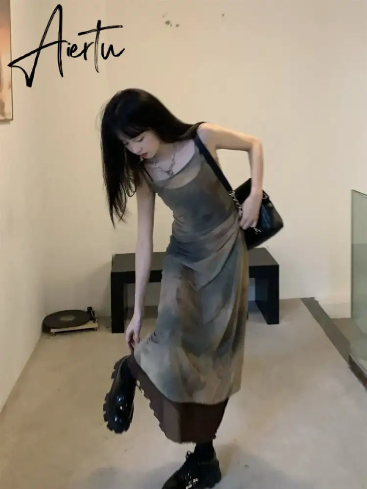 Aiertu 2024 Grunge Print Mesh Dress Women Sexy Y2k Aesthetic Spaghetti Strap Maxi Dresses Streetwear 2 Piece Set Robe Aiertu