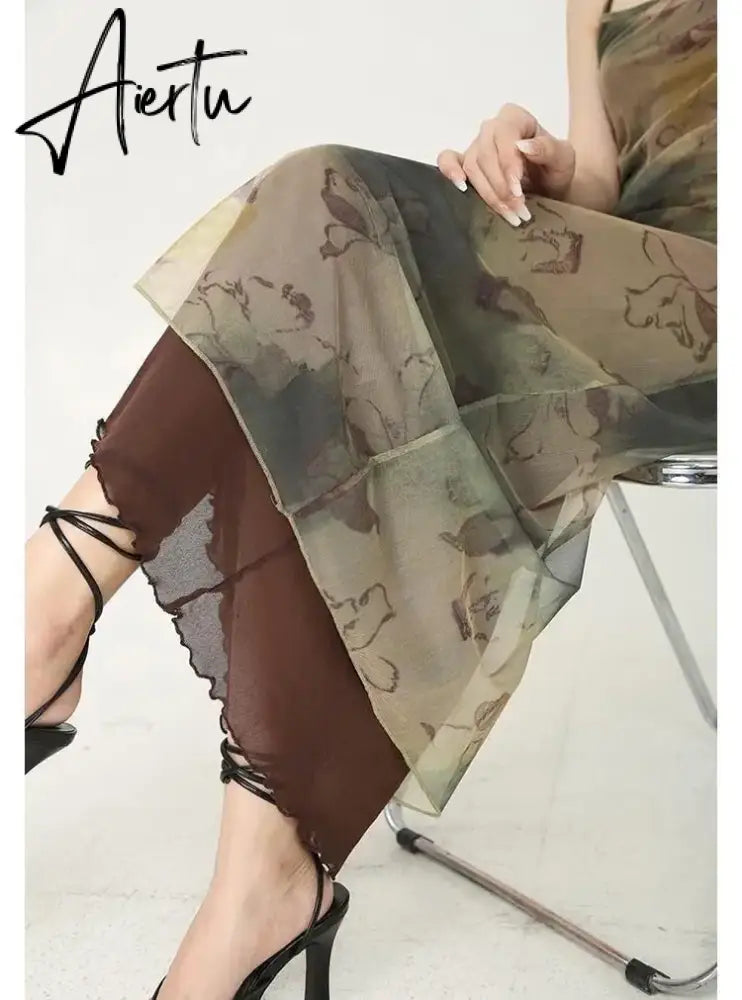 Aiertu 2024 Grunge Print Mesh Dress Women Sexy Y2k Aesthetic Spaghetti Strap Maxi Dresses Streetwear 2 Piece Set Robe Aiertu