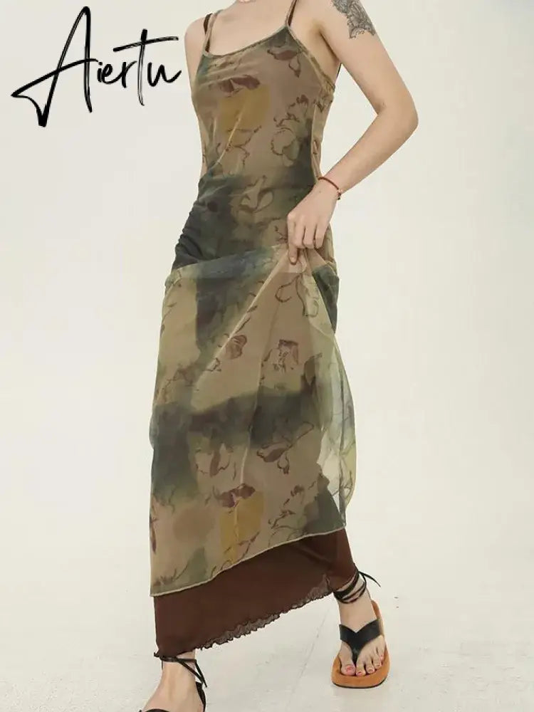 Aiertu 2024 Grunge Print Mesh Dress Women Sexy Y2k Aesthetic Spaghetti Strap Maxi Dresses Streetwear 2 Piece Set Robe Aiertu
