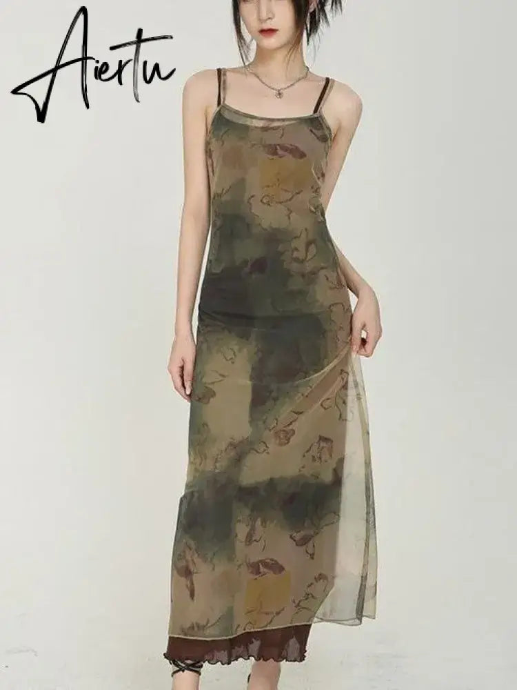 Aiertu 2024 Grunge Print Mesh Dress Women Sexy Y2k Aesthetic Spaghetti Strap Maxi Dresses Streetwear 2 Piece Set Robe Aiertu