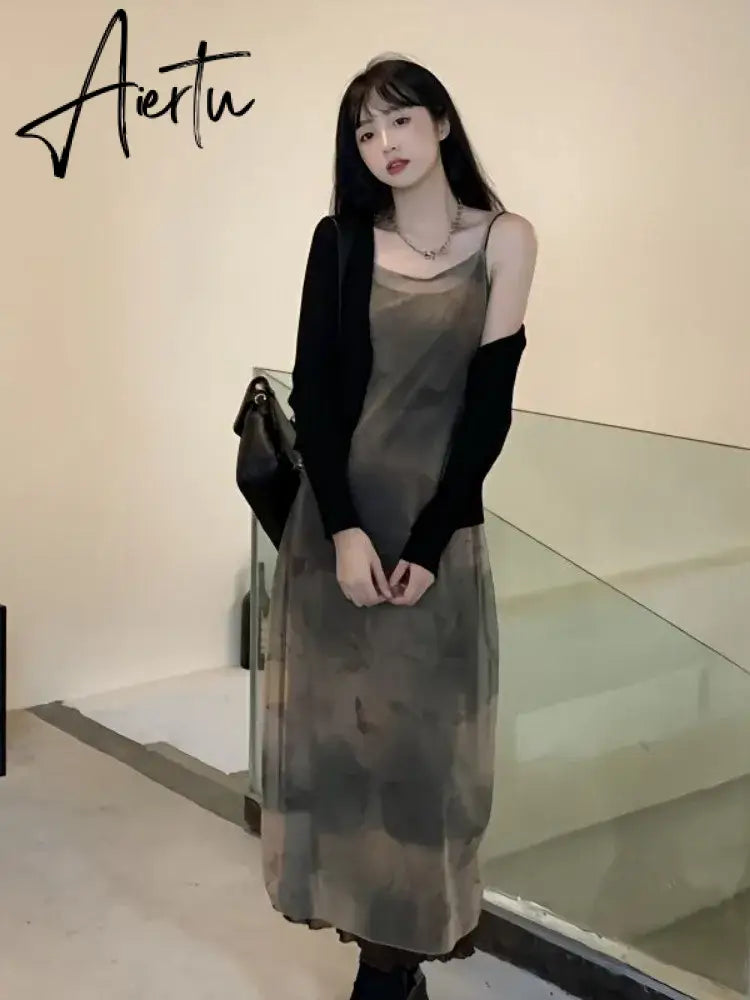 Aiertu 2024 Grunge Print Mesh Dress Women Sexy Y2k Aesthetic Spaghetti Strap Maxi Dresses Streetwear 2 Piece Set Robe Aiertu