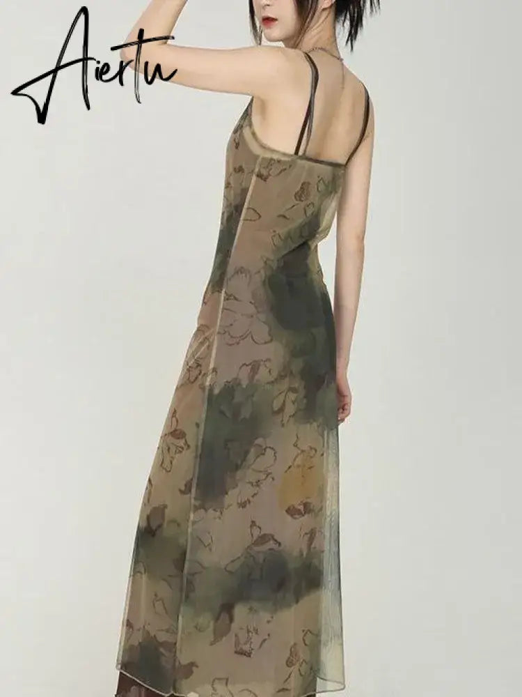 Aiertu 2024 Grunge Print Mesh Dress Women Sexy Y2k Aesthetic Spaghetti Strap Maxi Dresses Streetwear 2 Piece Set Robe Aiertu