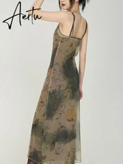 Aiertu 2024 Grunge Print Mesh Dress Women Sexy Y2k Aesthetic Spaghetti Strap Maxi Dresses Streetwear 2 Piece Set Robe Aiertu