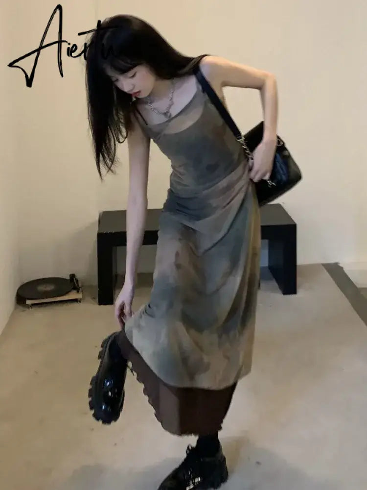 Aiertu 2024 Grunge Print Mesh Dress Women Sexy Y2k Aesthetic Spaghetti Strap Maxi Dresses Streetwear 2 Piece Set Robe Aiertu