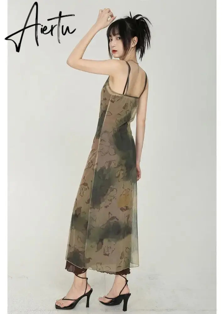Aiertu 2024 Grunge Print Mesh Dress Women Sexy Y2k Aesthetic Spaghetti Strap Maxi Dresses Streetwear 2 Piece Set Robe Aiertu