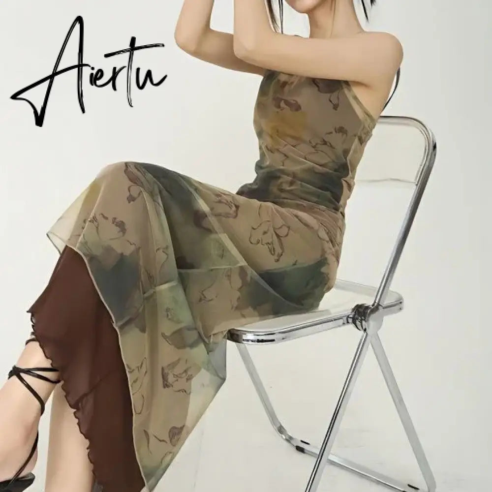 Aiertu 2024 Grunge Print Mesh Dress Women Sexy Y2k Aesthetic Spaghetti Strap Maxi Dresses Streetwear 2 Piece Set Robe Aiertu