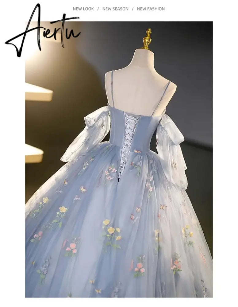 Aiertu 2024 Lace Prom Dresses Spaghetti Strap Princess Blue Detechable Short Puff Sleeves be de bal Formal Evening Party Gown For Women Aiertu