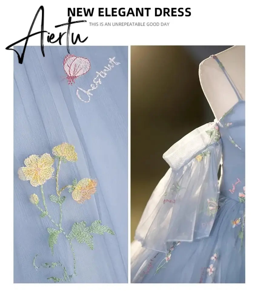 Aiertu 2024 Lace Prom Dresses Spaghetti Strap Princess Blue Detechable Short Puff Sleeves be de bal Formal Evening Party Gown For Women Aiertu