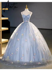 Aiertu 2024 Lace Prom Dresses Spaghetti Strap Princess Blue Detechable Short Puff Sleeves be de bal Formal Evening Party Gown For Women Aiertu
