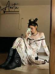 Aiertu 2024 New Women French Style Vintage One Line Neck Lace Edge Dress Korean Fashion Flare Sleeve Print Irregular Hem Dresses Chic Aiertu