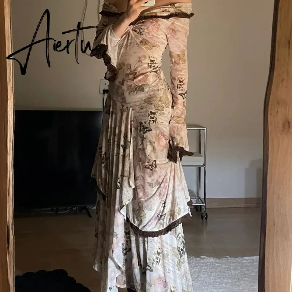 Aiertu 2024 New Women French Style Vintage One Line Neck Lace Edge Dress Korean Fashion Flare Sleeve Print Irregular Hem Dresses Chic Aiertu