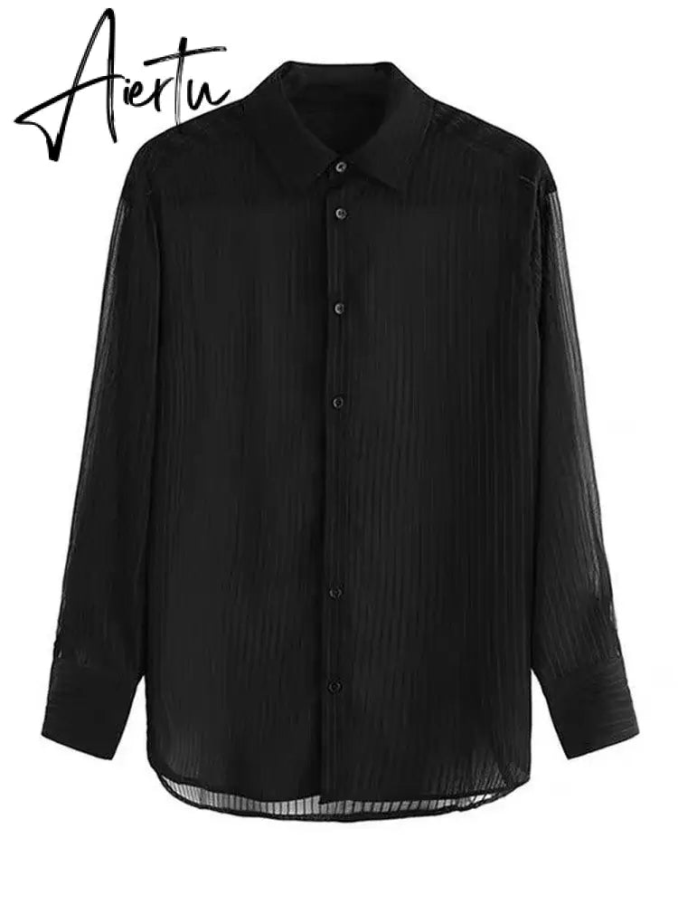 Aiertu 2024 New Women Striped Blouse Shirts Fashion Black See Through Button Turn-down Collar Top Harajuku Oversized  Sexy Shirt Aiertu