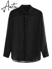 Aiertu 2024 New Women Striped Blouse Shirts Fashion Black See Through Button Turn-down Collar Top Harajuku Oversized  Sexy Shirt Aiertu
