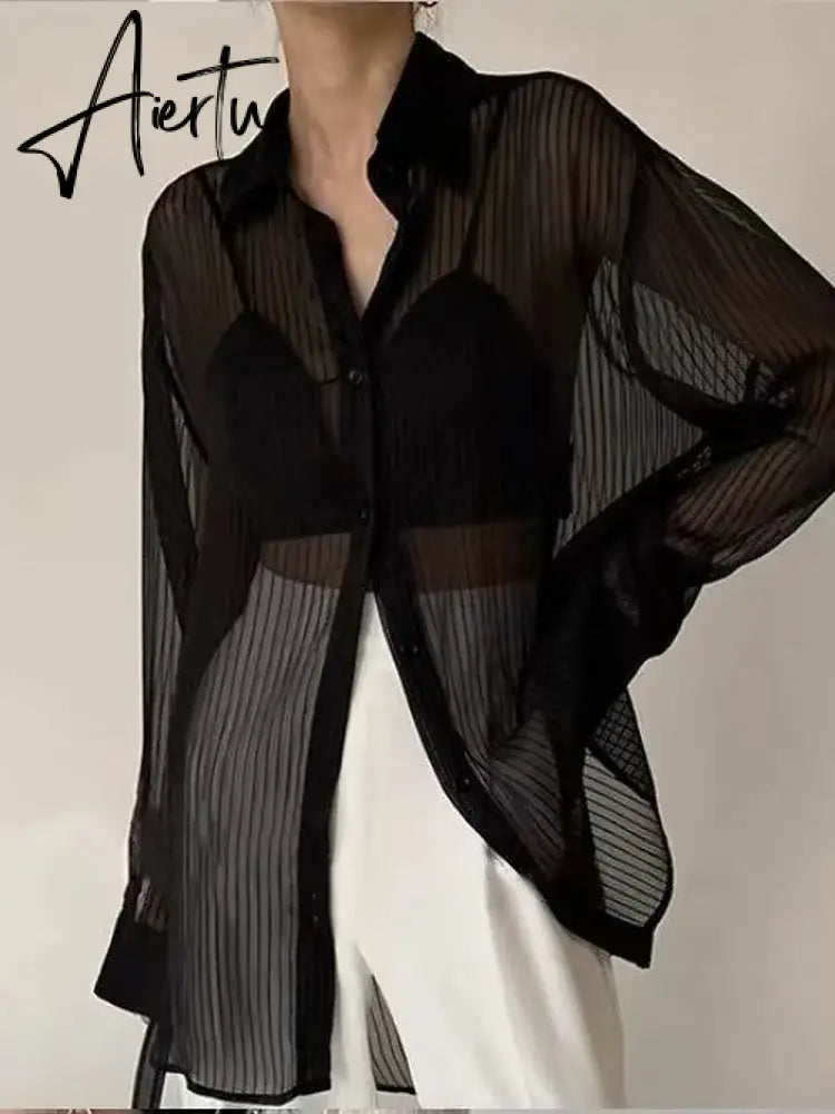Aiertu 2024 New Women Striped Blouse Shirts Fashion Black See Through Button Turn-down Collar Top Harajuku Oversized  Sexy Shirt Aiertu