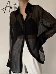 Aiertu 2024 New Women Striped Blouse Shirts Fashion Black See Through Button Turn-down Collar Top Harajuku Oversized  Sexy Shirt Aiertu