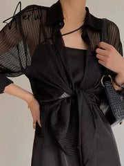 Aiertu 2024 New Women Striped Blouse Shirts Fashion Black See Through Button Turn-down Collar Top Harajuku Oversized  Sexy Shirt Aiertu