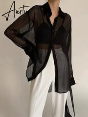 Aiertu 2024 New Women Striped Blouse Shirts Fashion Black See Through Button Turn-down Collar Top Harajuku Oversized  Sexy Shirt Aiertu