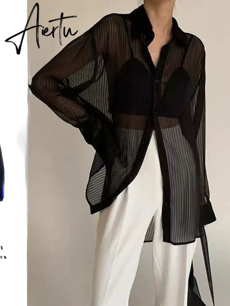 Aiertu 2024 New Women Striped Blouse Shirts Fashion Black See Through Button Turn-down Collar Top Harajuku Oversized  Sexy Shirt Aiertu