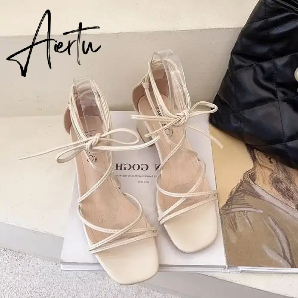 Aiertu 2024 Summer Beige Heeled Sandals Female Shoe Cross-Shoes Square Toe All-Match Black Girls New High Clear Lace Up Comfort Block Aiertu