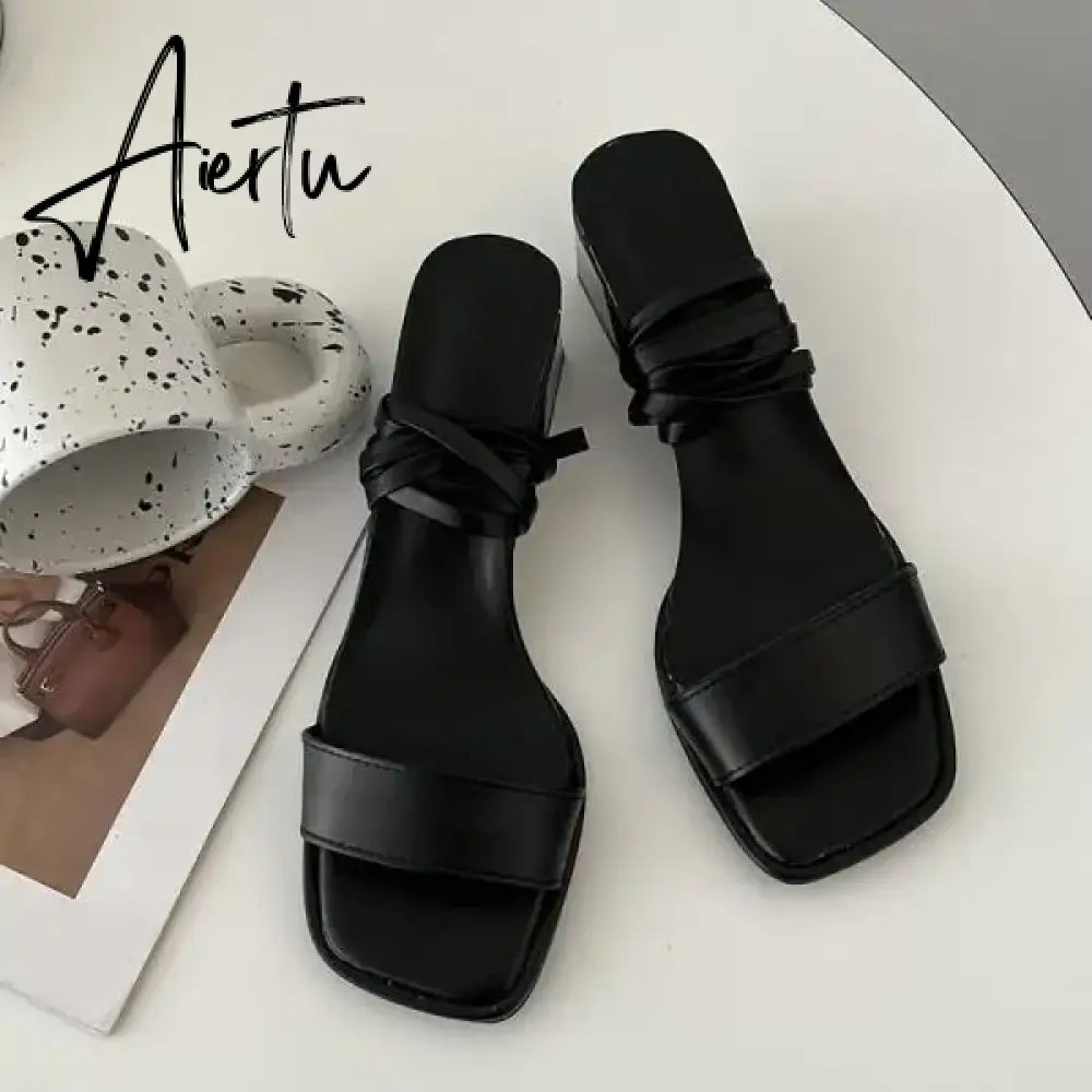 Aiertu 2024 Summer Beige Heeled Sandals Female Shoe Cross-Shoes Square Toe All-Match Black Girls New High Clear Lace Up Comfort Block Aiertu