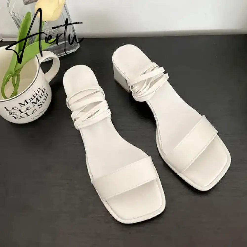 Aiertu 2024 Summer Beige Heeled Sandals Female Shoe Cross-Shoes Square Toe All-Match Black Girls New High Clear Lace Up Comfort Block Aiertu