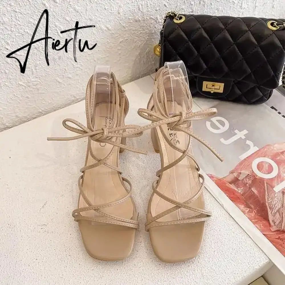 Aiertu 2024 Summer Beige Heeled Sandals Female Shoe Cross-Shoes Square Toe All-Match Black Girls New High Clear Lace Up Comfort Block Aiertu