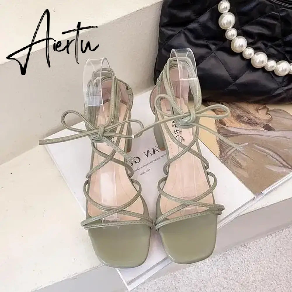 Aiertu 2024 Summer Beige Heeled Sandals Female Shoe Cross-Shoes Square Toe All-Match Black Girls New High Clear Lace Up Comfort Block Aiertu