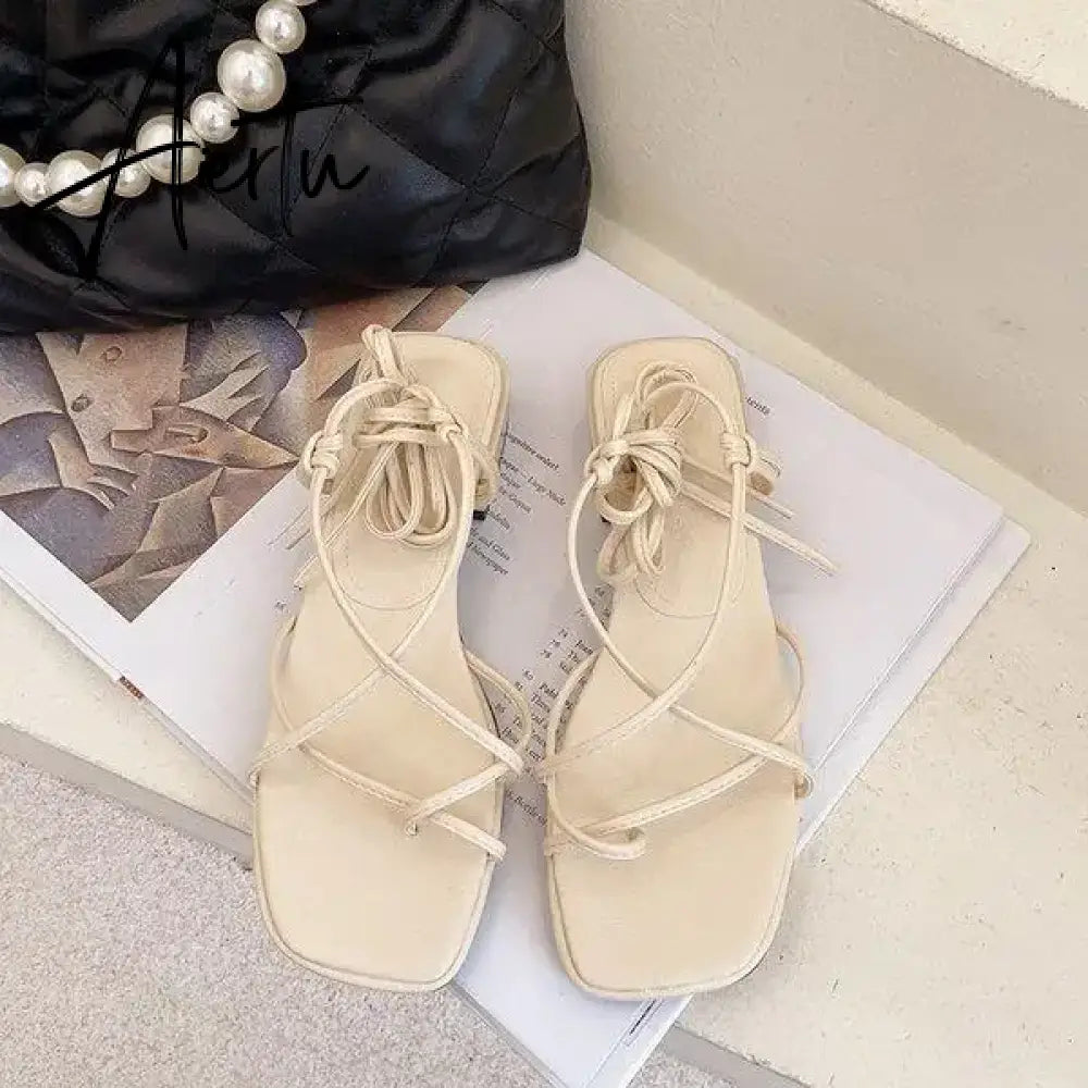 Aiertu 2024 Summer Beige Heeled Sandals Female Shoe Cross-Shoes Square Toe All-Match Black Girls New High Clear Lace Up Comfort Block Aiertu