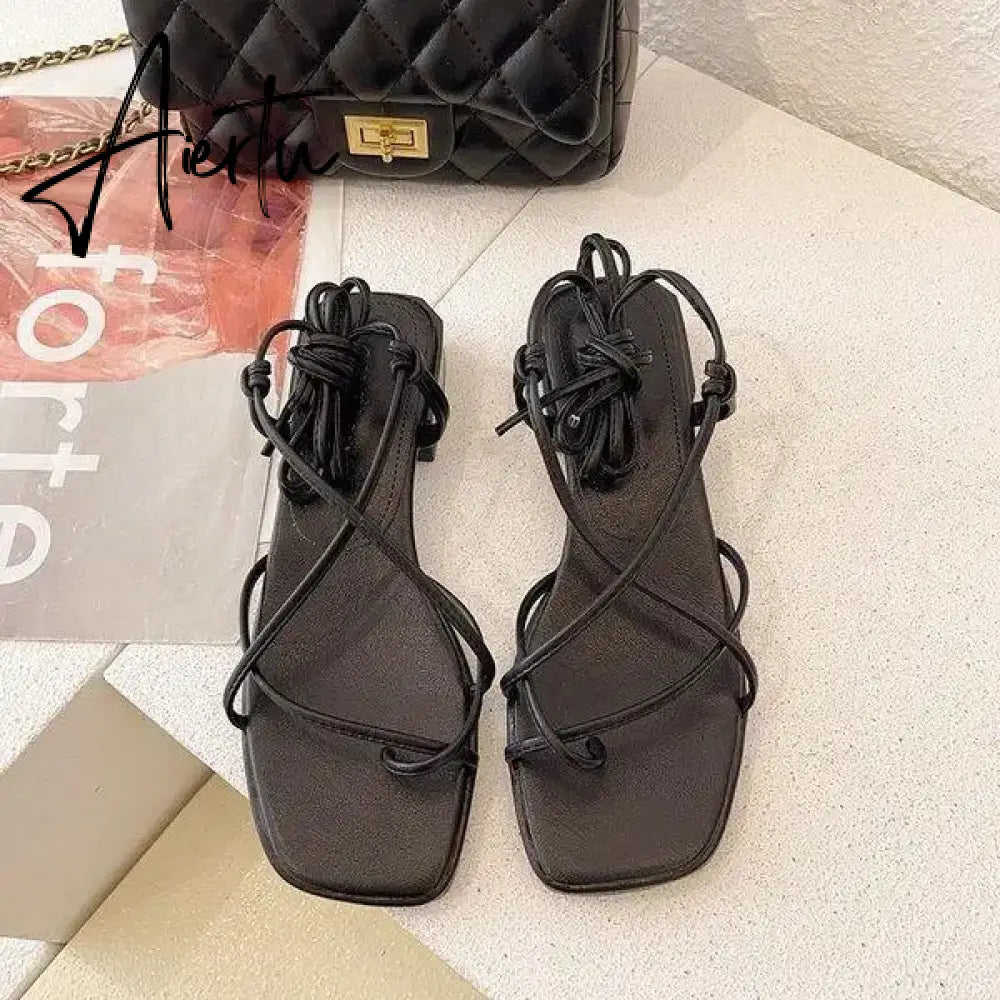 Aiertu 2024 Summer Beige Heeled Sandals Female Shoe Cross-Shoes Square Toe All-Match Black Girls New High Clear Lace Up Comfort Block Aiertu