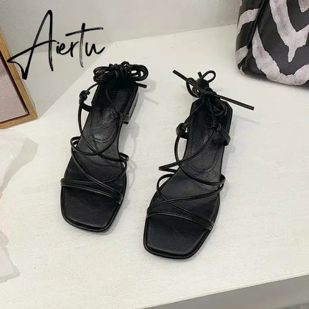 Aiertu 2024 Summer Beige Heeled Sandals Female Shoe Cross-Shoes Square Toe All-Match Black Girls New High Clear Lace Up Comfort Block Aiertu