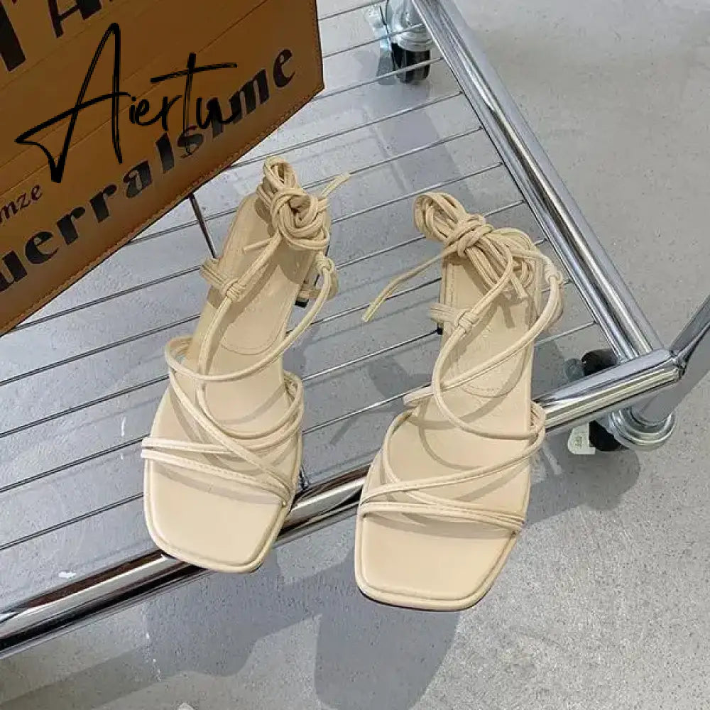 Aiertu 2024 Summer Beige Heeled Sandals Female Shoe Cross-Shoes Square Toe All-Match Black Girls New High Clear Lace Up Comfort Block Aiertu