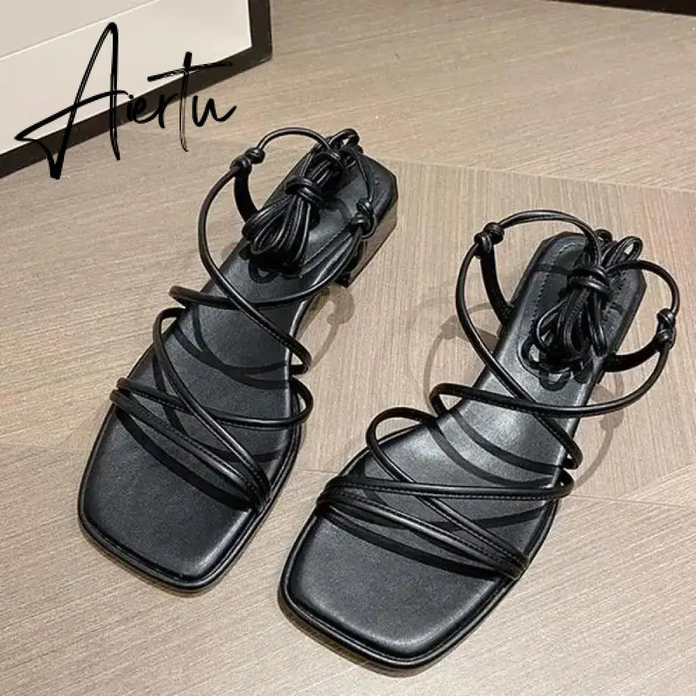 Aiertu 2024 Summer Beige Heeled Sandals Female Shoe Cross-Shoes Square Toe All-Match Black Girls New High Clear Lace Up Comfort Block Aiertu