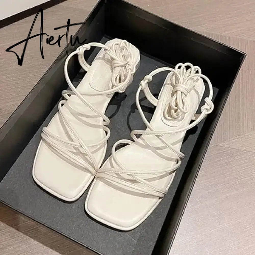 Aiertu 2024 Summer Beige Heeled Sandals Female Shoe Cross-Shoes Square Toe All-Match Black Girls New High Clear Lace Up Comfort Block Aiertu