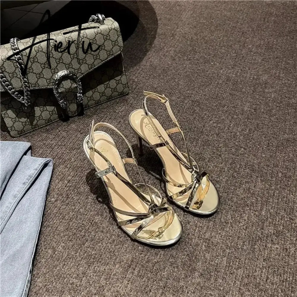 Aiertu  2024 Summer Luxury Women Sandals Fashion Cross Buckle High Heels Gold Silver Sandals Banquet Party Wedding Shoes Aiertu