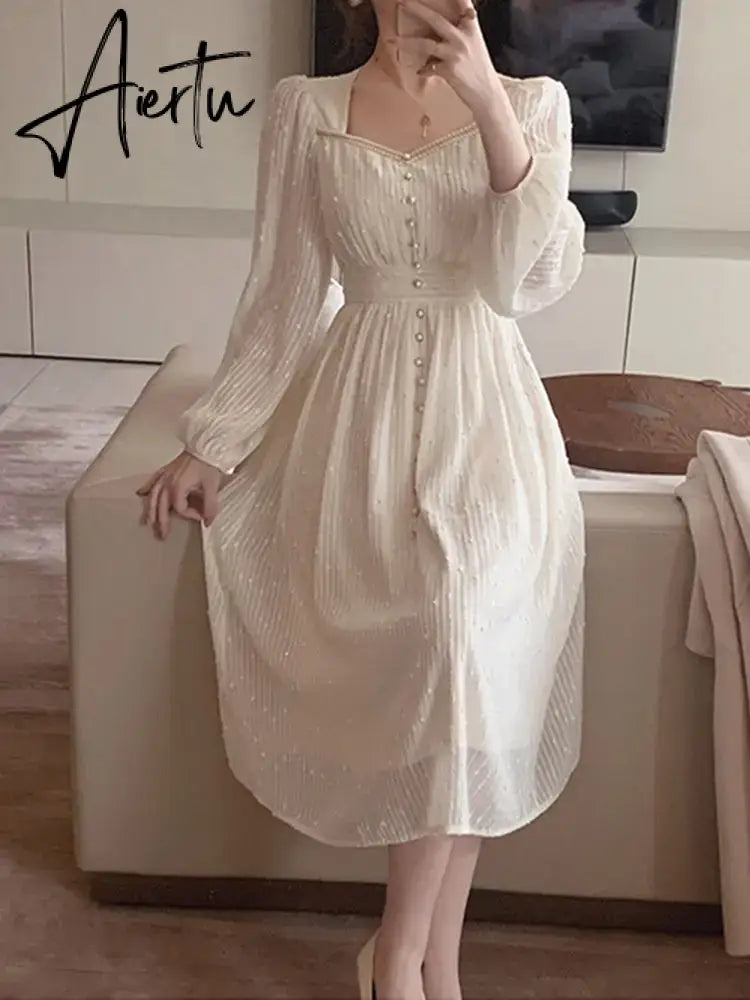 Aiertu 2024 Summer New Women Fashion Elegant White Midi Dresses Vintage Princess Female Party A Line Clothes Vestdios Aiertu