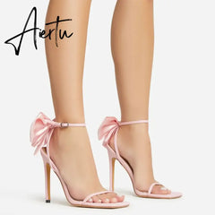 Aiertu  2024 Summer PU Butterfly-Knot Sandals Square Toe Thin Heels Party Shallow Concise Sweet Buckle Strap Adult Open  Pleated Aiertu