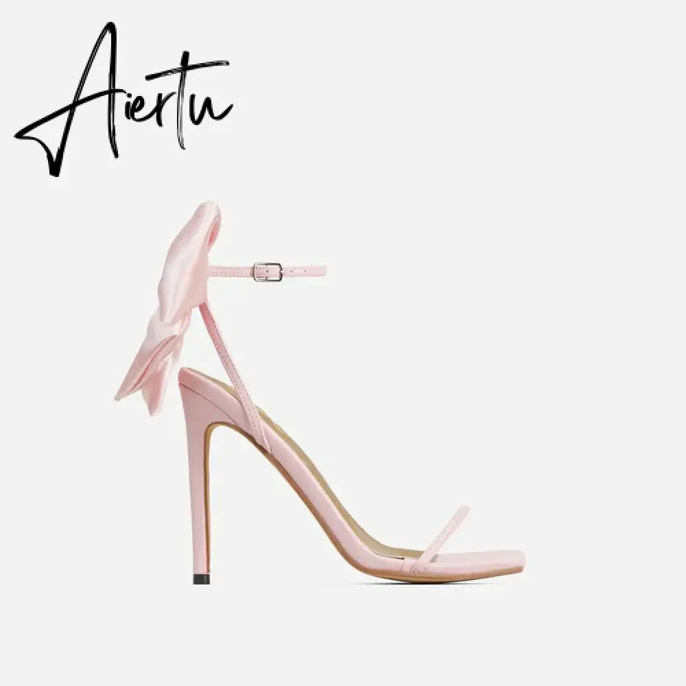 Aiertu  2024 Summer PU Butterfly-Knot Sandals Square Toe Thin Heels Party Shallow Concise Sweet Buckle Strap Adult Open  Pleated Aiertu
