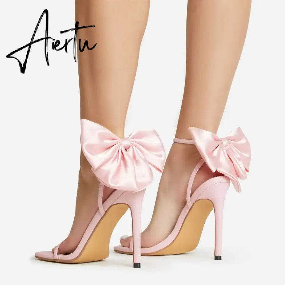 Aiertu  2024 Summer PU Butterfly-Knot Sandals Square Toe Thin Heels Party Shallow Concise Sweet Buckle Strap Adult Open  Pleated Aiertu
