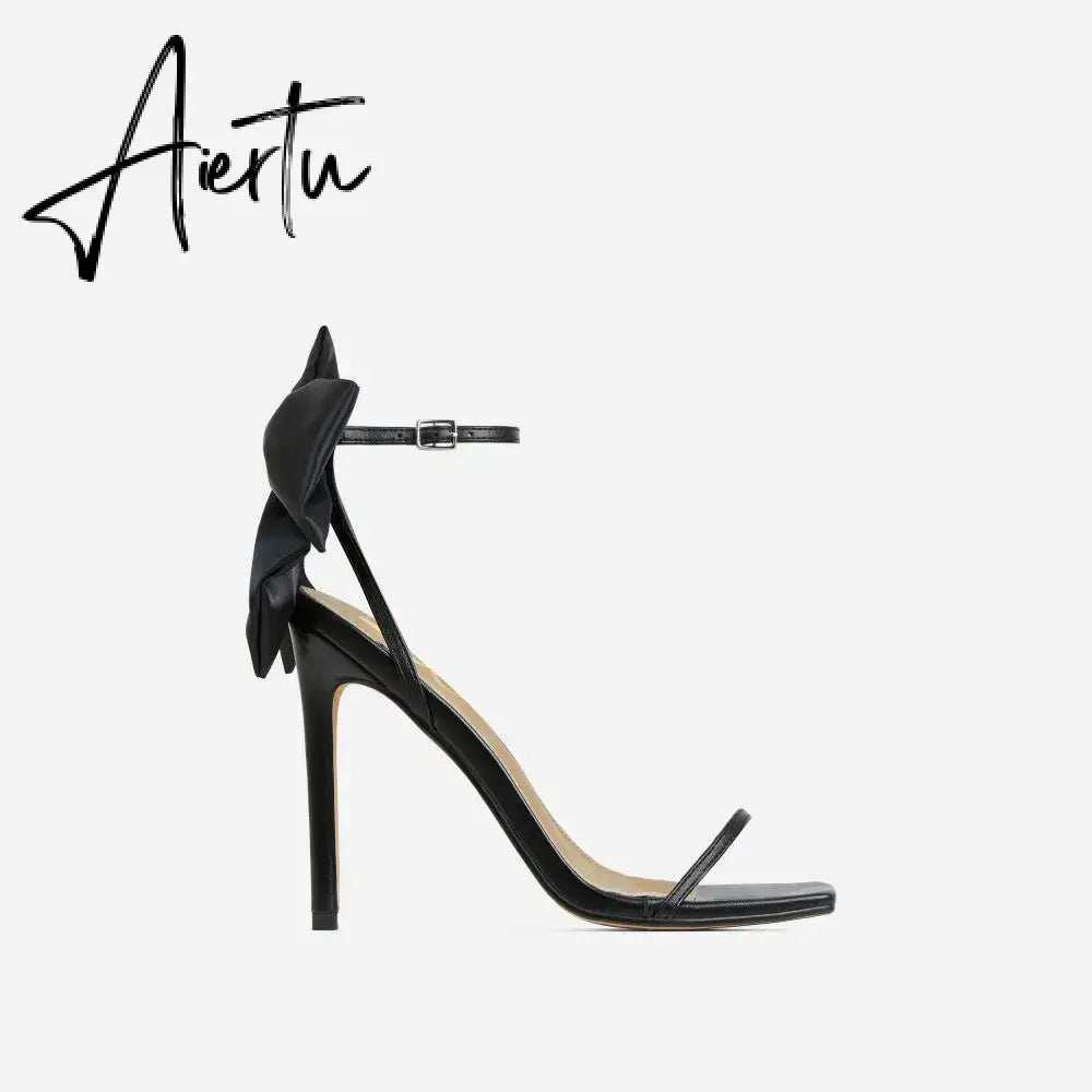 Aiertu  2024 Summer PU Butterfly-Knot Sandals Square Toe Thin Heels Party Shallow Concise Sweet Buckle Strap Adult Open  Pleated Aiertu